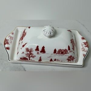 Grace Teaware Butter Dish w Lid Winter Village Toile Christmas Porcelain Red New